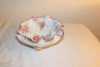 Shell-shaped Bowl With Gold Edging And Pink Flowers Inside Bowl, 8.25 Diam. X 3.5 Tall