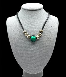 Sterling Silver Beads And Green Pendant Braided Corded Necklace