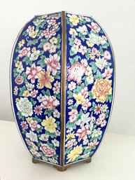 Bright Floral Porcelain And Brass Trimmed Vase