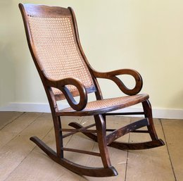 A Vintage Mahogany And Cane Rocking Chair, Artisan Made In Egremont, MA