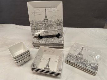 222 Fifth PTS International City Scenes Black & White Square Porcelain Dining Set No Chips