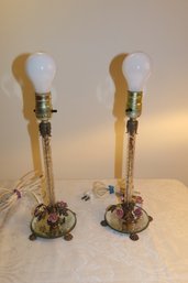 Pair Table Lamps With Porcelain Flowers And Metal Leaves - Mirrored Bases With Glass Stems.  16 In