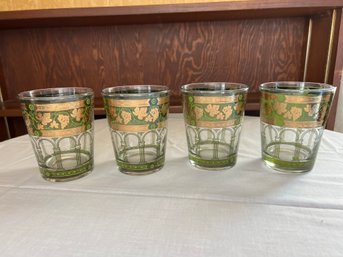Cera Vintage Green & Gold Grape Vine Pattern Large Rocks Glasses, Set Of Four