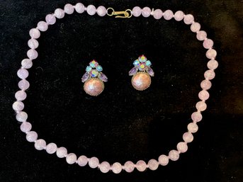 Polished Lilac Colored Stone Necklace With Clip Earrings