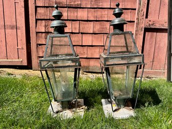 Pair Wrought Iron Fence Post Lanterns, Uninstalled