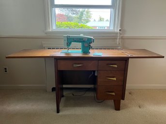 Mid Century Sewing Table Loaded With Supplies & Sewing Machine