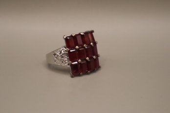 925 Sterling Silver Signed 'STS' By Chuck Clemency Red Stones Ring Size 10