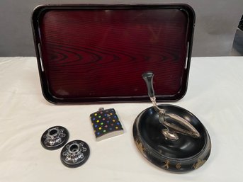 Vintage Asian Nut Bowl And Cracker, Lacquer Tray By FF Japan 21x14, Black Harvite Silver Inlaid Candle Holder