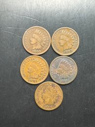 5 Indian Head Pennies 1897, 1899, 1901, 1902, 1903