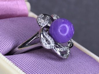 Very Pretty 925 / Sterling Silver Ring With Lilac Jade Ball And Sparkling White Zircons - Very Pretty Ring