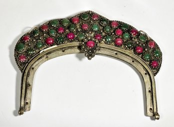 Antique Solid Silver Purse Frame Having Ruby And Emerald Stones