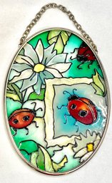 Adorable Handpainted Ladybug Stained Glass Window Hanging.
