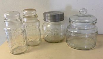 4 Vintage Glass Containers With Covers ~ 2 Planters Peanuts, Ball Mason Jar & More ~  (T)