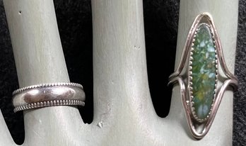 Vintage Ring Duo - Beau Sterling Elongated Green Stone Adjustable & Silver Band Size 6