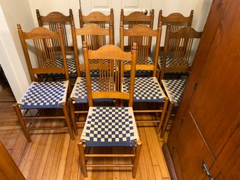 Antique Maple 9 Dinning Chairs Acorn Top Spindle Back 17x18x38 Shaker Cloth Tape Weaving  Straight Chair