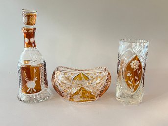 3 Pieces Of Hand Cut Amber To Clear Polish Crystal