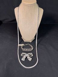 Love Glitter 3PC Rhinestone Set - Long Necklace, NWT Bracelet & Bow Shaped Brooch!