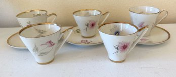 Pretty Floral Teacups (5) And Saucers (3) From Bavaria