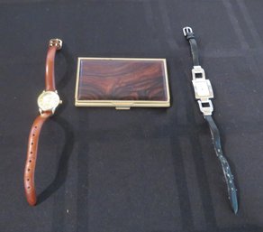 2 Ladies Watches And Wood And Brass Card Holder