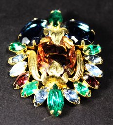 Vintage Multi Colored Rhinestone Brooch Blue, Citrine, Green