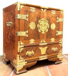 A Vintage Burl Wood And Brass Asian Campaign Style Jewelry Chest