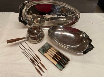 Pair Of Michael Aram Silver Art Deco Trays Fondue Pot And Fork Skewers