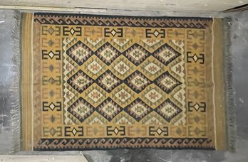 Large Hand Knotted Wool Rug In Muted Shades Of Gold, Green, Rust & Black