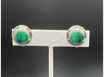 Sterling Silver And Malachite Button Clip-on Earrings