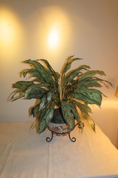 Pottery Mosaic Bowl In Wrought Iron Stand With Faux House Plant.  Bowl: 11.25 Diam., With Plant: 26 Tall