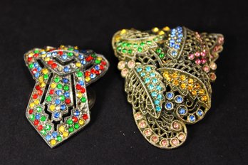 Two Antique 1920s Colorful Rhinestone Dress Clips Art Deco