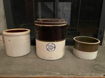 Three Antique Stoneware Crocks Including Blue Star Crock From The Star Stoneware Co., Crooksville OH