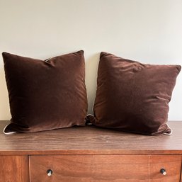 A Pair Of Chocolate Brown Velvet Down Pillows - 21 X 21