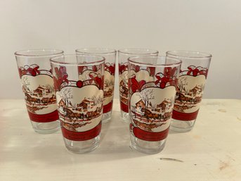 Vintage Currier & Ives Glass Tumblers - Old Homestead Winter Scene - Set Of 6