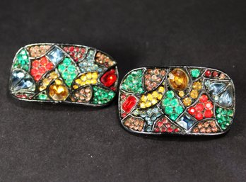 Pair Very Colorful Rhinestone Black Tone Shoe Clips Buckles