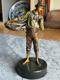 Very Fine Antique FRANZ BERGMAN Bronze Sculpture- Man With Pipe And Basket Of Fish