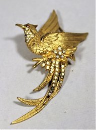 Vintage Large Gold Tone Bird Of Paradise Brooch Having Rhinestones