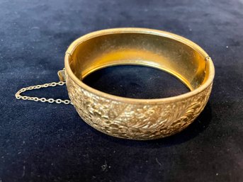 Wide Etched Gold Tone Bangle