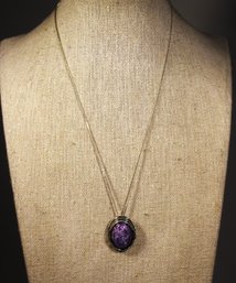 Fine Sterling Silver Chain W Oval Pendant With Purple Stone 16' Long