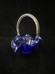 Beautiful Vintage Venetian Murano Art Glass Cobalt Blue Basket Dish Bowl