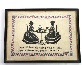 Antique Needlepoint - Two Old Friends - Framed Behind Glass