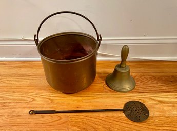 Copper Ash Bucket, Brass Bell & Iron Handled Sieve