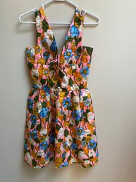 Vintage 1960s Womans Sleeveless Lined Dress Of Wonderful Psychedelic Fabric. Size Small To Medium.
