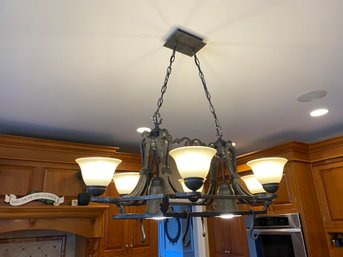 A Well-Constructed Six Arms Kitchen Island Chandelier Heavy Iron With Pot Hooks And Glass Shade