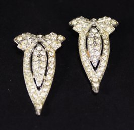 Pair White Paste Rhinestone White Metal Dress Clips Art Deco