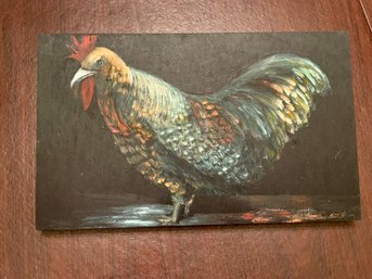 Rooster Oil On Wood By Patti Hirsch (American, 1935-2023) 9.5' X 16' - Gallery Price $900