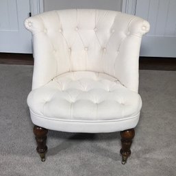 (1 Of 2) Fabulous BALLARD DESIGNS Tufted Back Accent Chair - Off White Linen Type Upholstery - Brass Casters