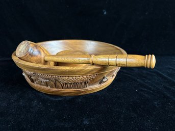 Vintage Wooden Carved Tree Nut Bowl & Mallet