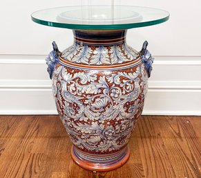 A Vintage Ceramic Urn With Glass Top As Accent Table