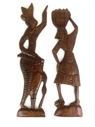 Pair Of Hand Carved Wooden Tribal Folk Art Wall Plaques - Possible Haitian