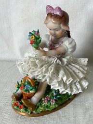 Stunning Early Vintage SITZENDORF DRESDEN Porcelain Lace Figurine- Young Girl In Flower Garden